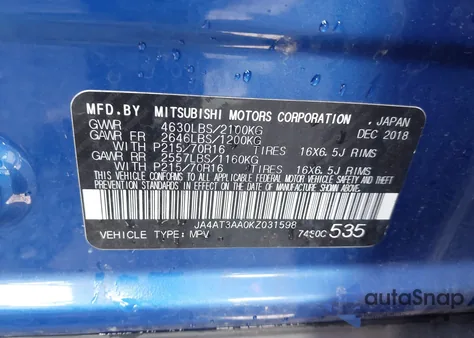 2019 Mitsubishi Eclipse Cross Es from USA, damaged, VIN JA4AT3AA0KZ031598